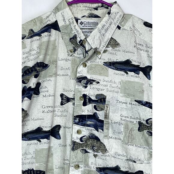 Columbia Mens Large Khaki Short Sleeve Button Down Fish Print Fishing Shirt - Picture 5 of 7